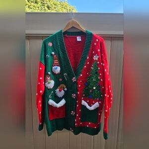 Christmas UGLY Sweater Santa Christmas Tree Embroidered Polka Dots Size L 12-14